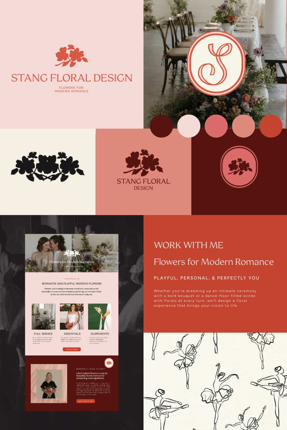 a brand board created for flower branding with logos, brand illustrations, and a website design