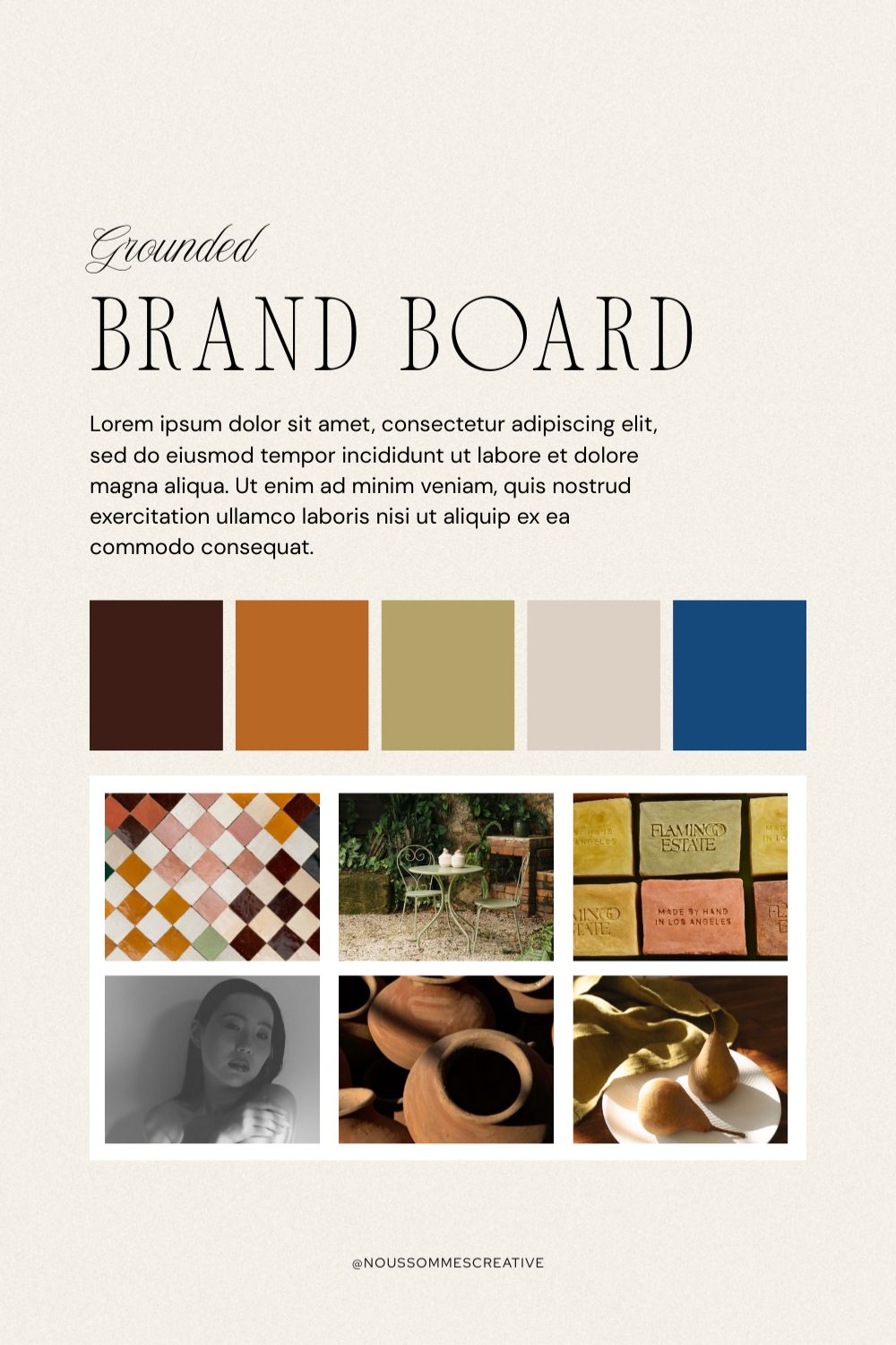 A brand design moodboard for a moody branding design, featuring fonts, a brand color palette, and imagery