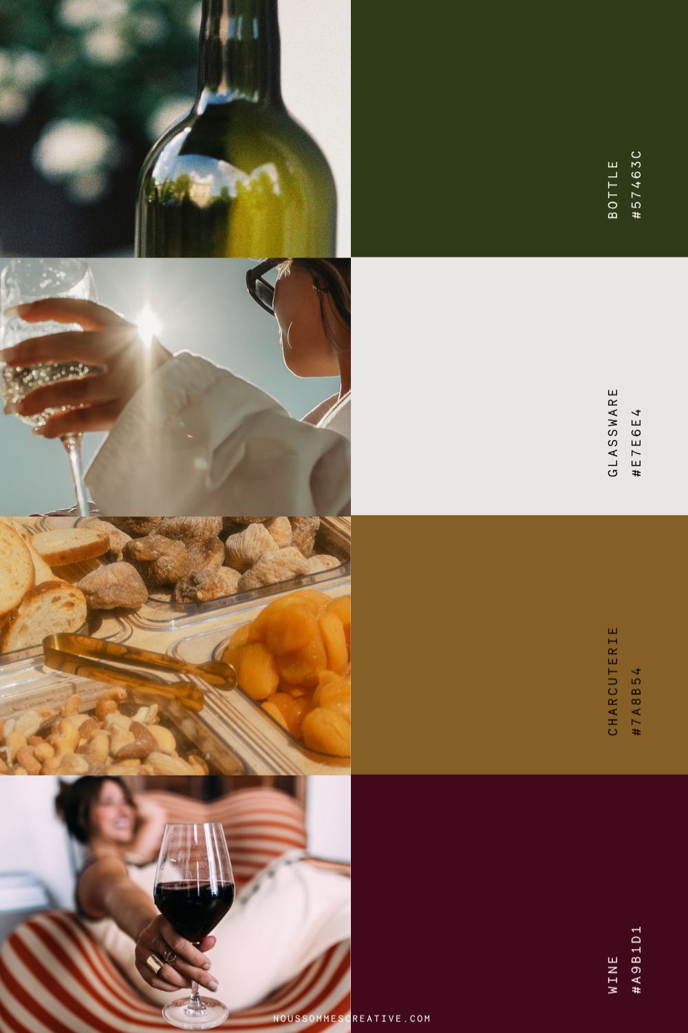 A brand color palette featuring wine red, golden, white, and forest green