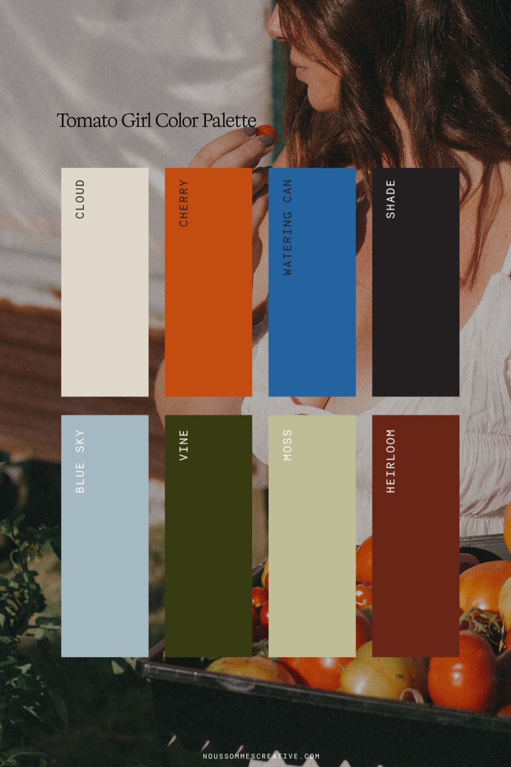 A brand color palette called "tomato girl color palette" featuring burgundy, greens, blues, oranges, and neutral colors