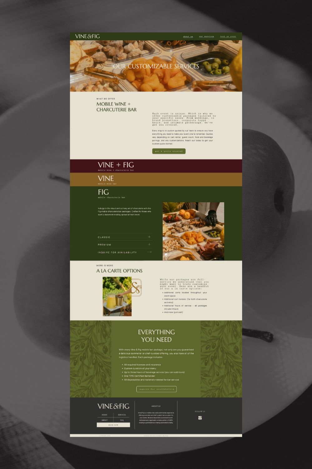 A website design created as part of brand and design for a wine and charcuterie bar